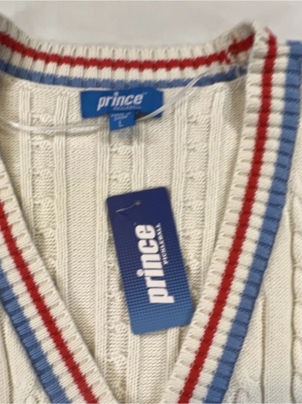 Pickle Ball Prince Cream Cable Knit Cardigan with Red & Blue Trim - Picture 3 of 4